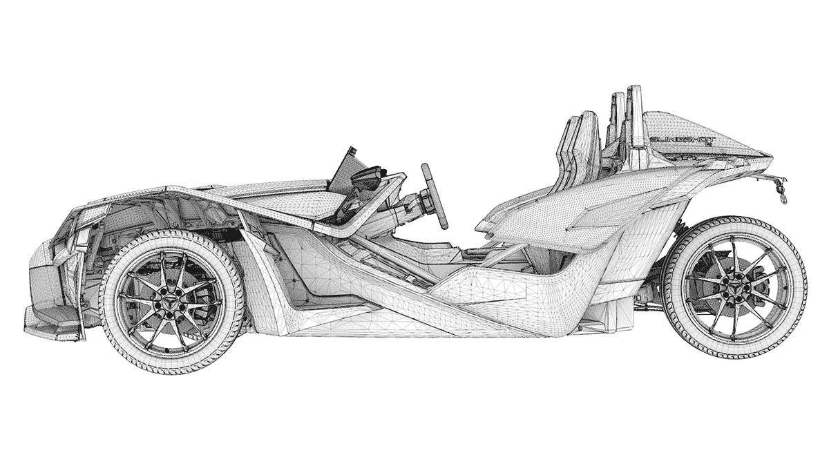 Polaris Slingshot technical wireframe blueprint — open-air three-wheel vehicle engineering