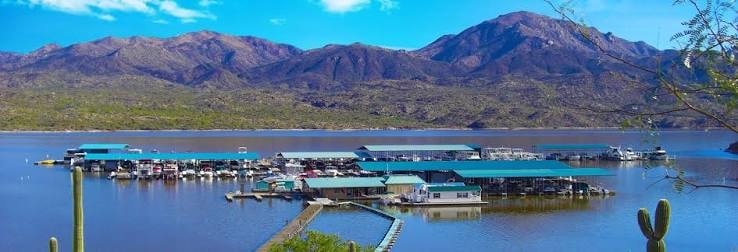 Scenic view of Bartlett Lake surrounded by Sonoran Desert mountains in Arizona